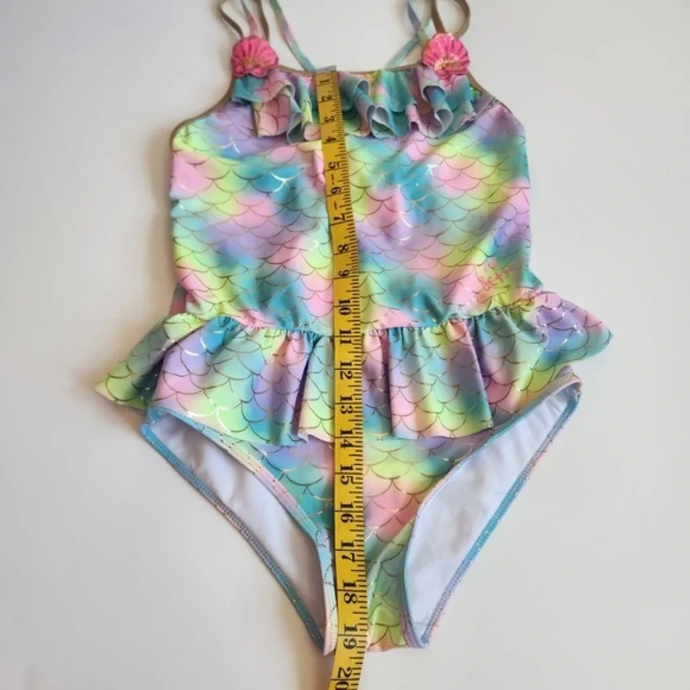 Betsey Johnson Girls XL 14 Mermaid‎ Scale Rainbow Ruffle One Piece Swimsuit Gold